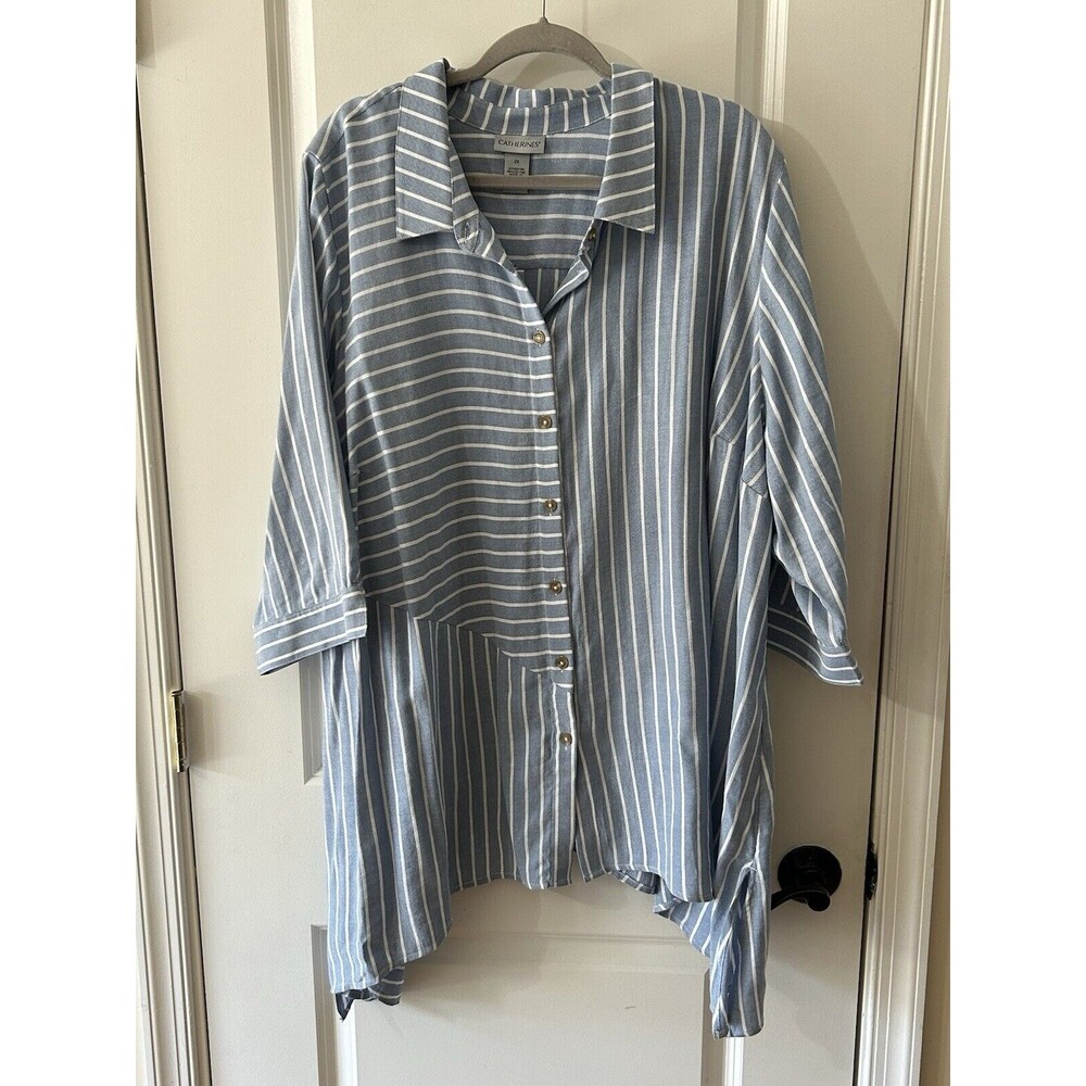 Catherine’s Size 2X Blue Striped 3/4 Sleeve Lagenlook Draped Top Chambray